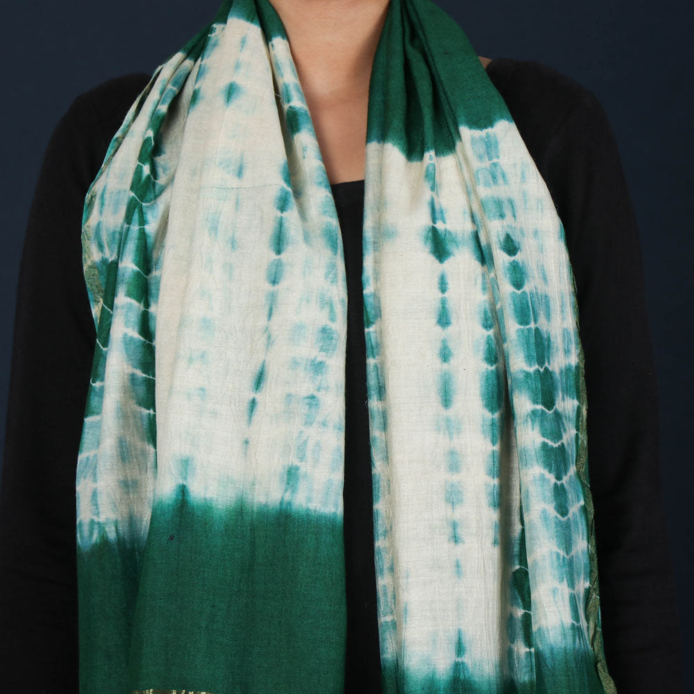 Green - Pure Handloom Spun Silk Tie-Dye Stole with Ghicha Border