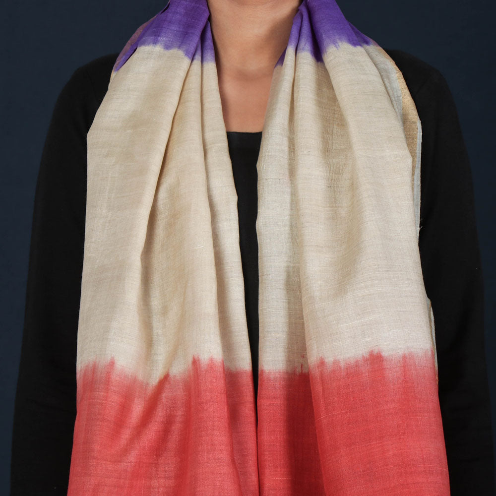 Multicolor - Pure Handloom Spun Silk Tie-Dye Stole with Ghicha Border