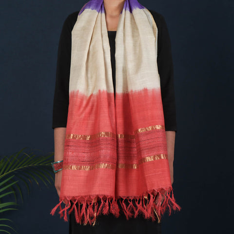 Multicolor - Pure Handloom Spun Silk Tie-Dye Stole with Ghicha Border