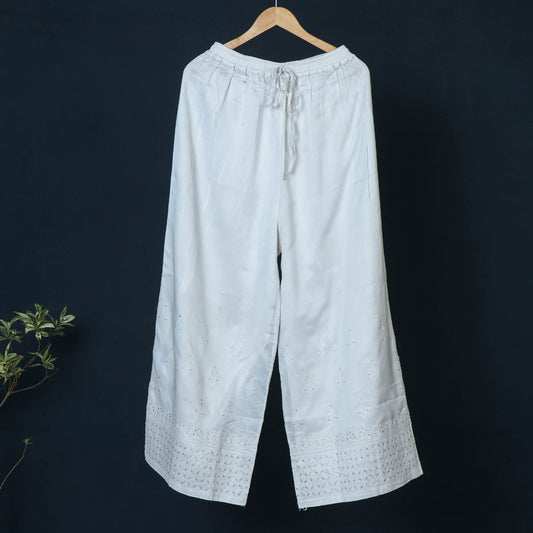 White - Lucknowi Daraz Applique Mukaish Chikan Embroidery Soft Silk Cotton Palazzo Pant