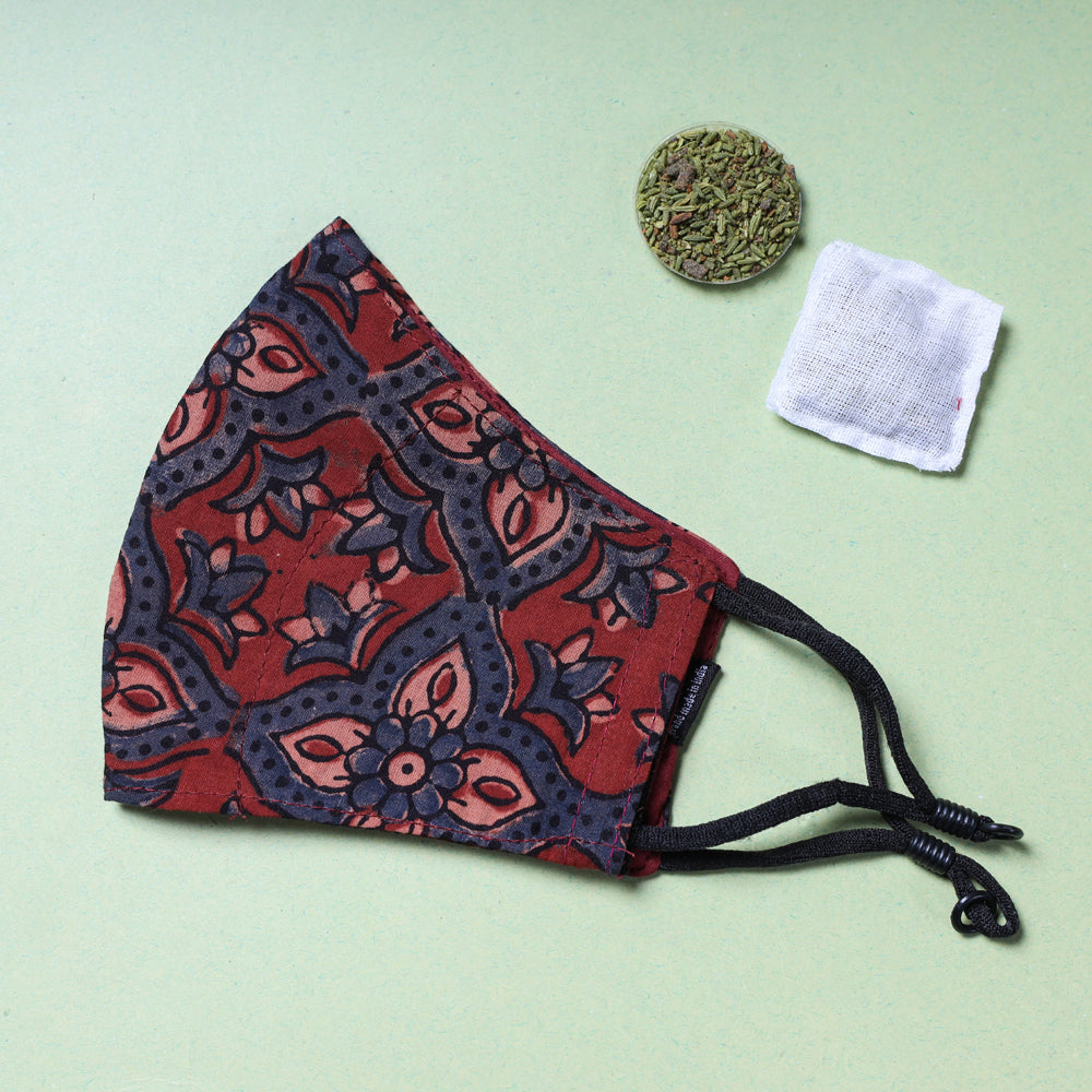  Herb Pocket Ajrakh Block Printed Cotton 3 Layer Snug Fit Face Cover 