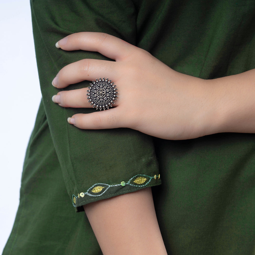 Dark Green - Hand Embroidered Fern Green Cotton Long Kurta