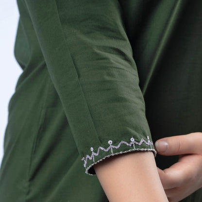 Hand Embroidered Fern Green Cotton Long Kurta