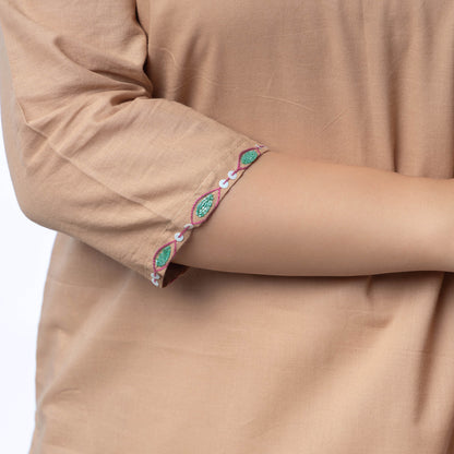 Brown - Hand Embroidered Khaki Cotton Long Straight Kurta