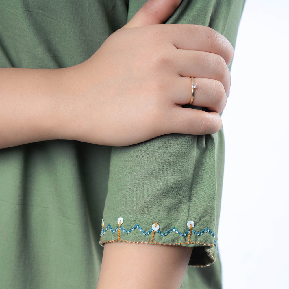 Green - Hand Embroidered Green Cotton Long Kurta
