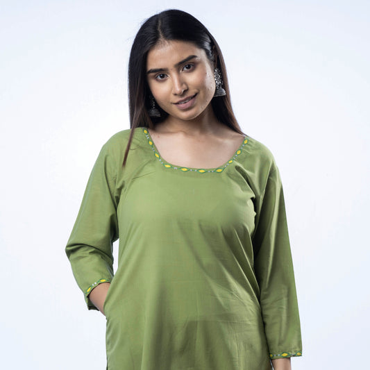 iTokri Casuals - Green - Hand Embroidered Olive Green Cotton Long Straight Kurta