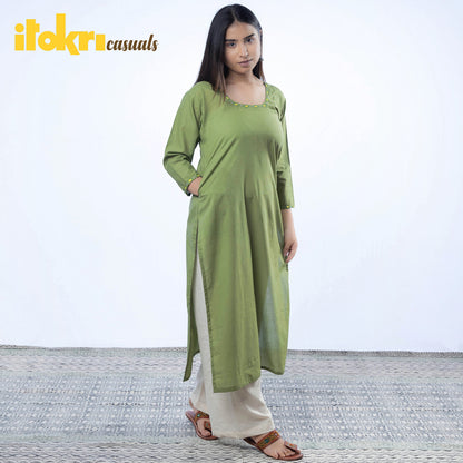 iTokri Casuals - Green - Hand Embroidered Olive Green Cotton Long Straight Kurta
