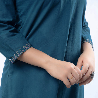 iTokri Casuals - Hand Embroidered Turkish Blue Cotton Long Kurta