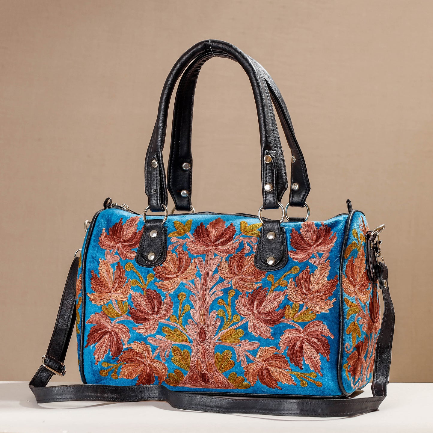 Blue - Original Chain Stitch Embroidery Leather & Velvet Hand Bag