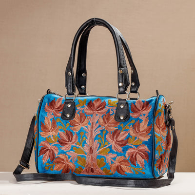 Blue - Original Chain Stitch Embroidery Leather & Velvet Hand Bag