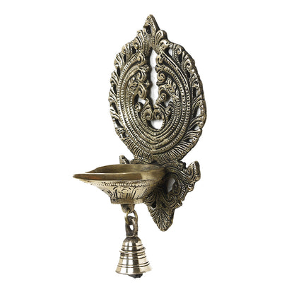 Brass Metal Handcrafted Wall Hanging Diya with Bell (8.5 x 5.1 in)