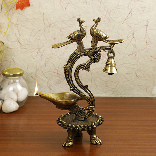 Brass Metal Handcrafted Two Birds Lamp Diya with Bell (6 x 4.2 in)
