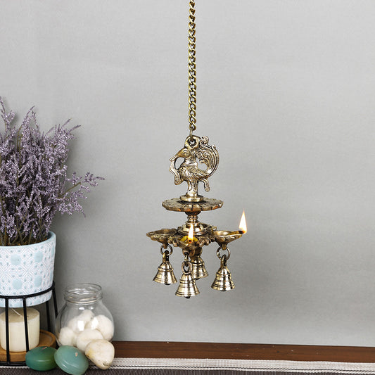 Brass Metal Handcrafted Bird Chain Hanging Diya with Bells (25 x 4.2 in)