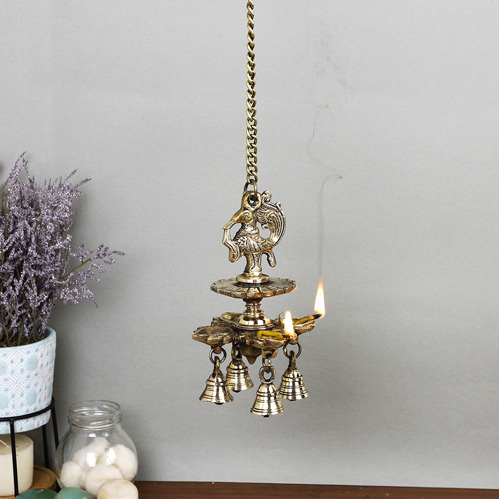 Brass Metal Handcrafted Bird Chain Hanging Diya with Bells (25 x 4.2 in)