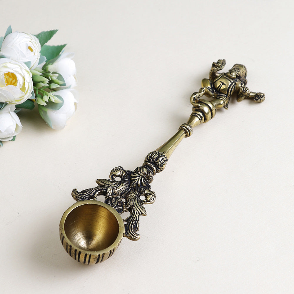 Brass Metal Handcrafted Pooja Aarti Ganesha Diya Spoon Med (8.7 x 2.1 in)
