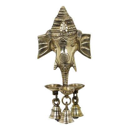 Brass Metal Handcrafted Lord Ganesha Wall Hanging 3 Diya with Bells (9.4 x 4 in)
