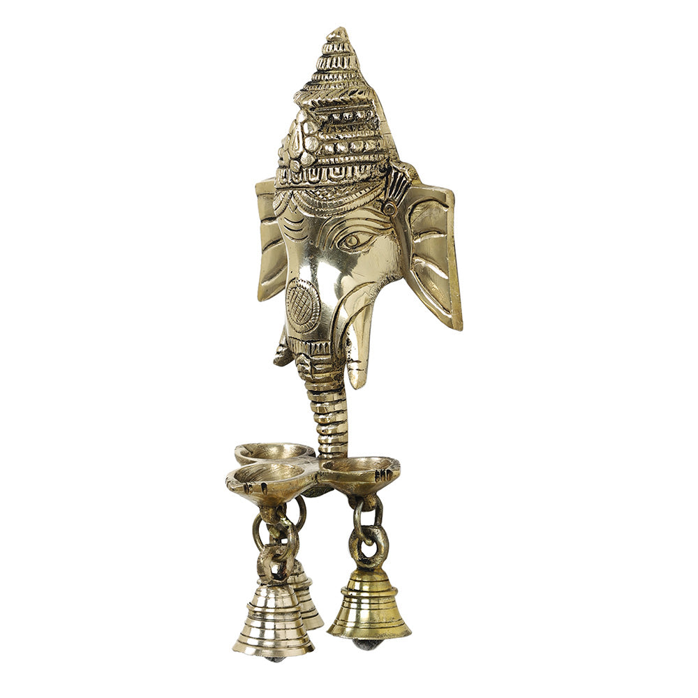 Brass Metal Handcrafted Lord Ganesha Wall Hanging 3 Diya with Bells (9.4 x 4 in)
