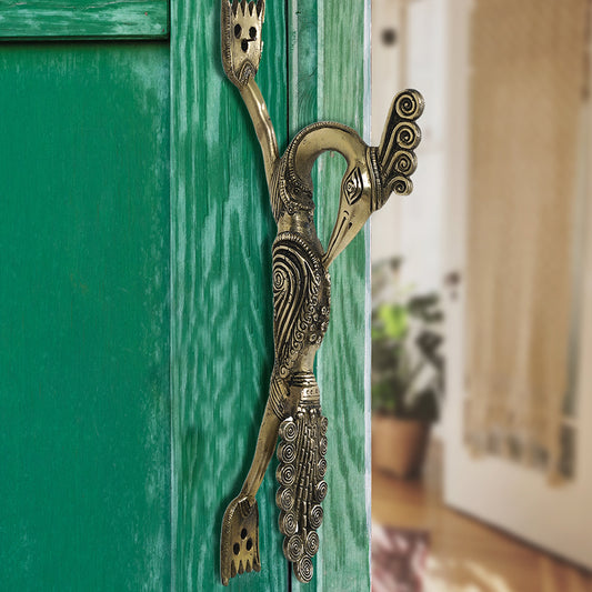 Brass Metal Handcrafted Peacock Door Handle (12.5 x 4.7 in)