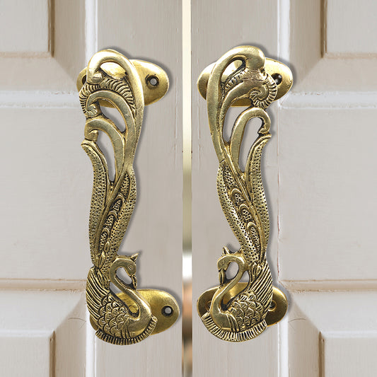 Brass Metal Handcrafted Peacock Door Handle Pair (7.1 x 1.5 in)