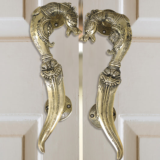 Brass Metal Handcrafted Yali Door Handle Pair (10.5 x 3.5 in)