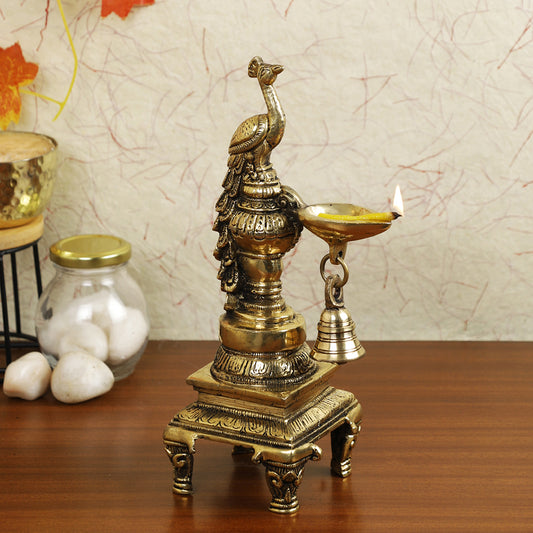 Brass Metal Handcrafted Parrot Diya Lamp with Bell (4.5 x 4 in)