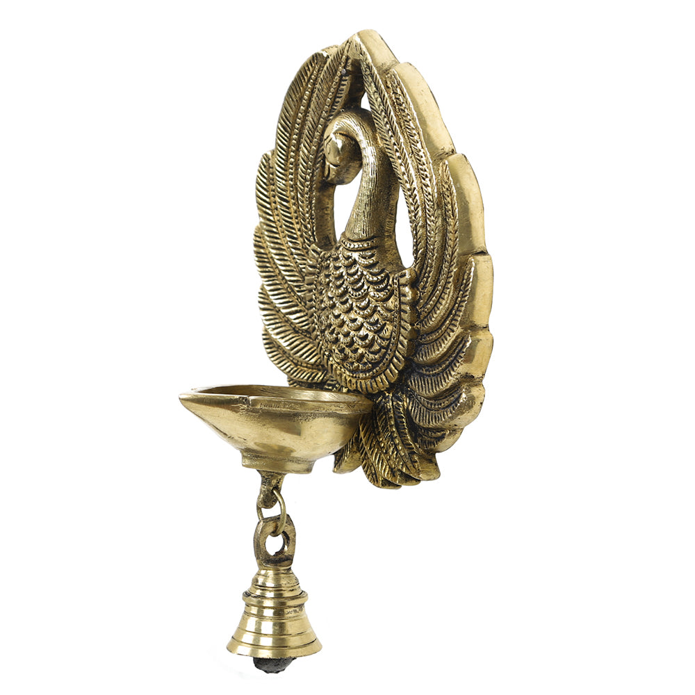 Brass Metal Handcrafted Bird Wall Hanging Diya with Bell (3.6 x 4.6 in)