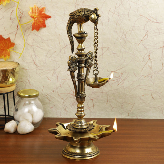 Brass Metal Handcrafted Twin Parrot Lamp with Chain Diya (5.5 x 5.5 in)