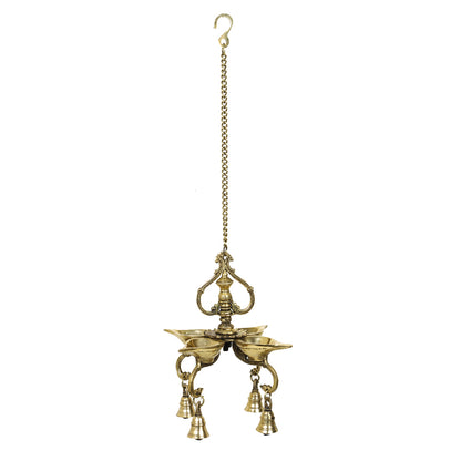 Brass Metal Handcrafted Chain Hanging Diya with Bell (30.2 x 9.1 in)