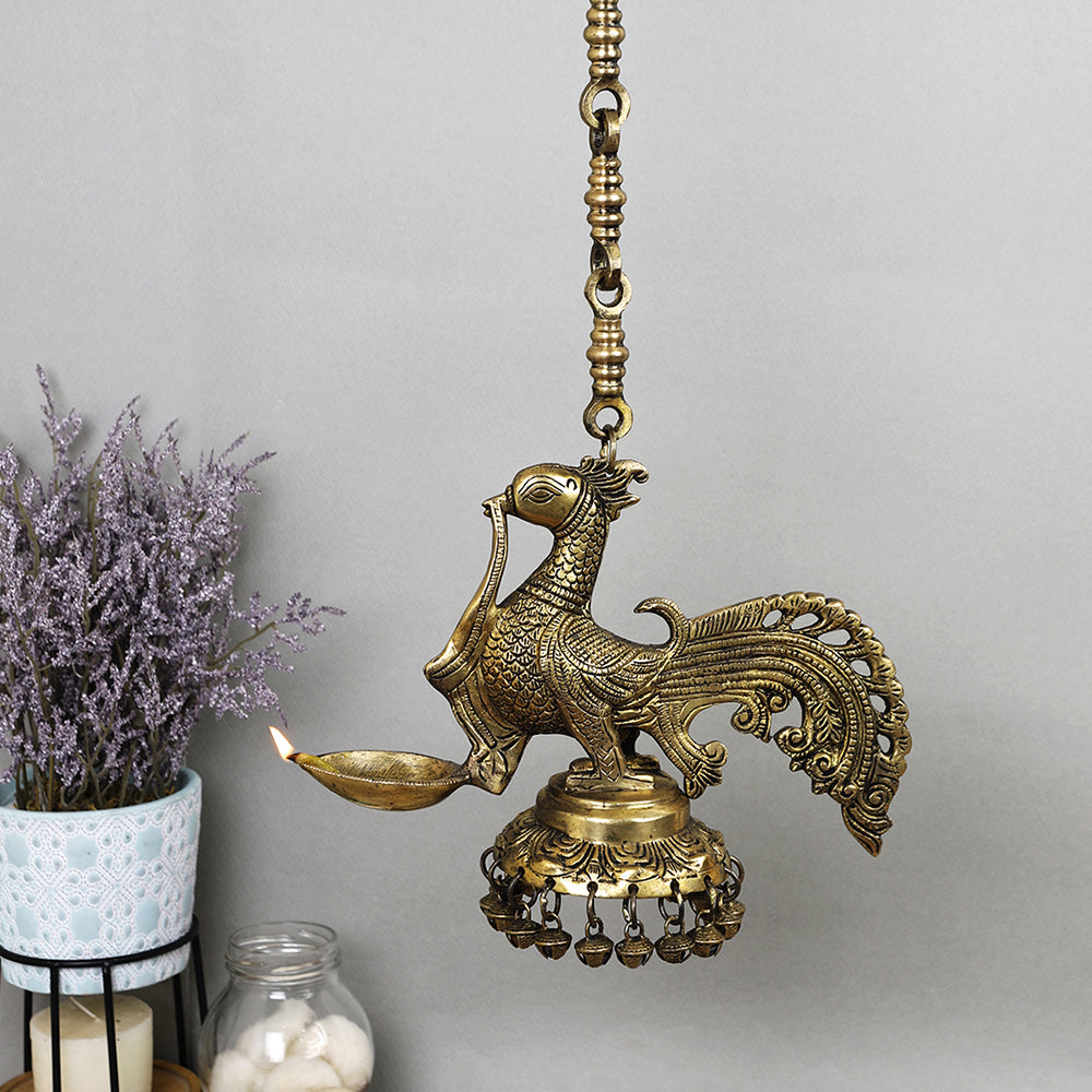 Brass Metal Handcrafted Bird Chain Hanging Diya with Ghungroo (30.6 x 9.5 in)