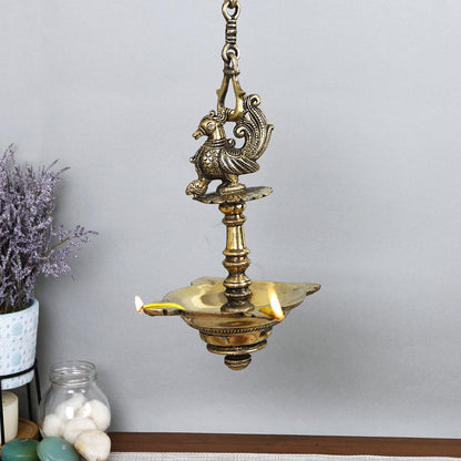 Brass Metal Handcrafted Bird Hanging Lamp Diya (37 x 7.2 in)