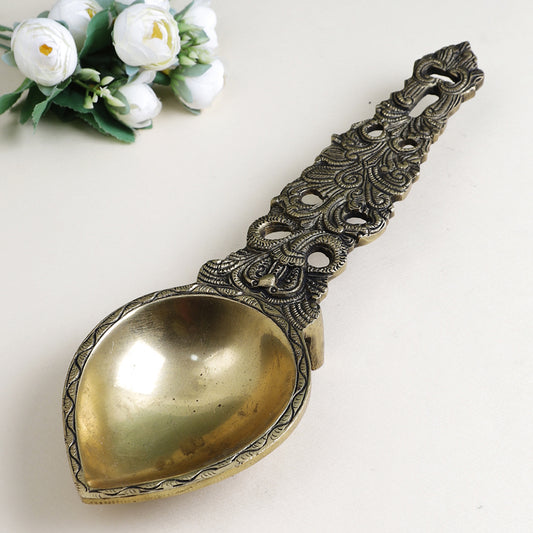 Brass Metal Handcrafted Aarti Diya Spoon (13 x 4 in)