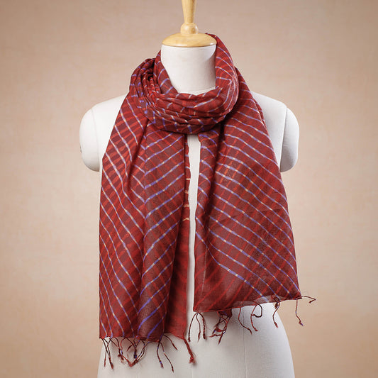 Brown - Leheriya Tie-Dye Mothra Tussar Silk Handloom Stole with Tassels