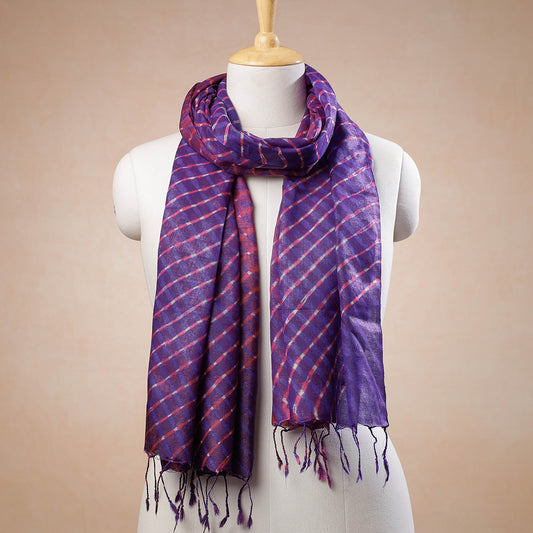 Purple - Leheriya Tie-Dye Mothra Tussar Silk Handloom Stole with Tassels