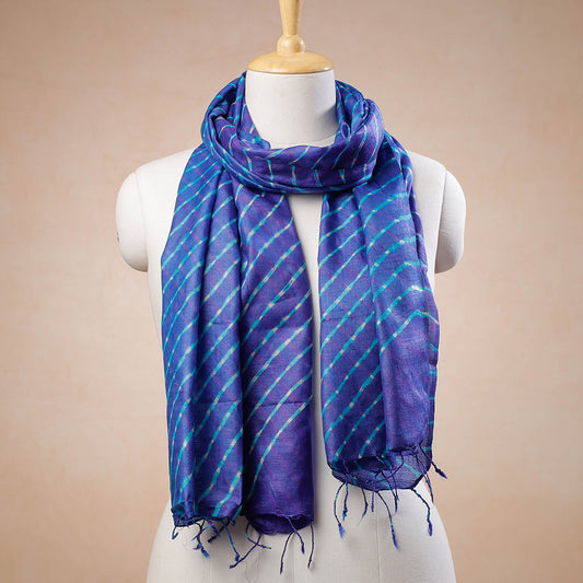 Blue - Leheriya Tie-Dye Mothra Tussar Silk Handloom Stole with Tassels