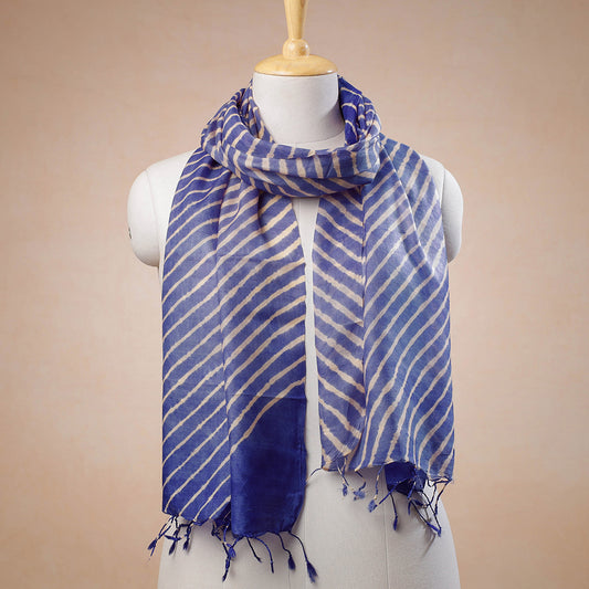 Blue - Leheriya Tie-Dye Tussar Silk Handloom Stole with Tassels