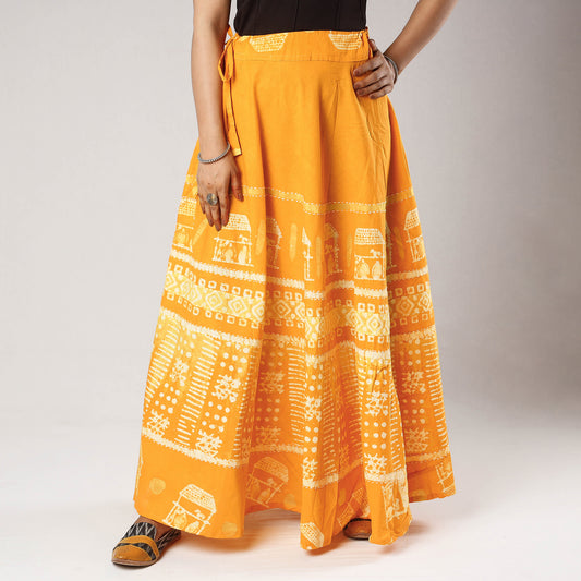 Orange - Hand Batik Printing Running Stitch Cotton Long Skirt