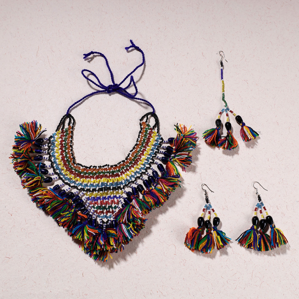 Handmade Thread & Multicolor Beadwork Tassels Jali Necklace Set