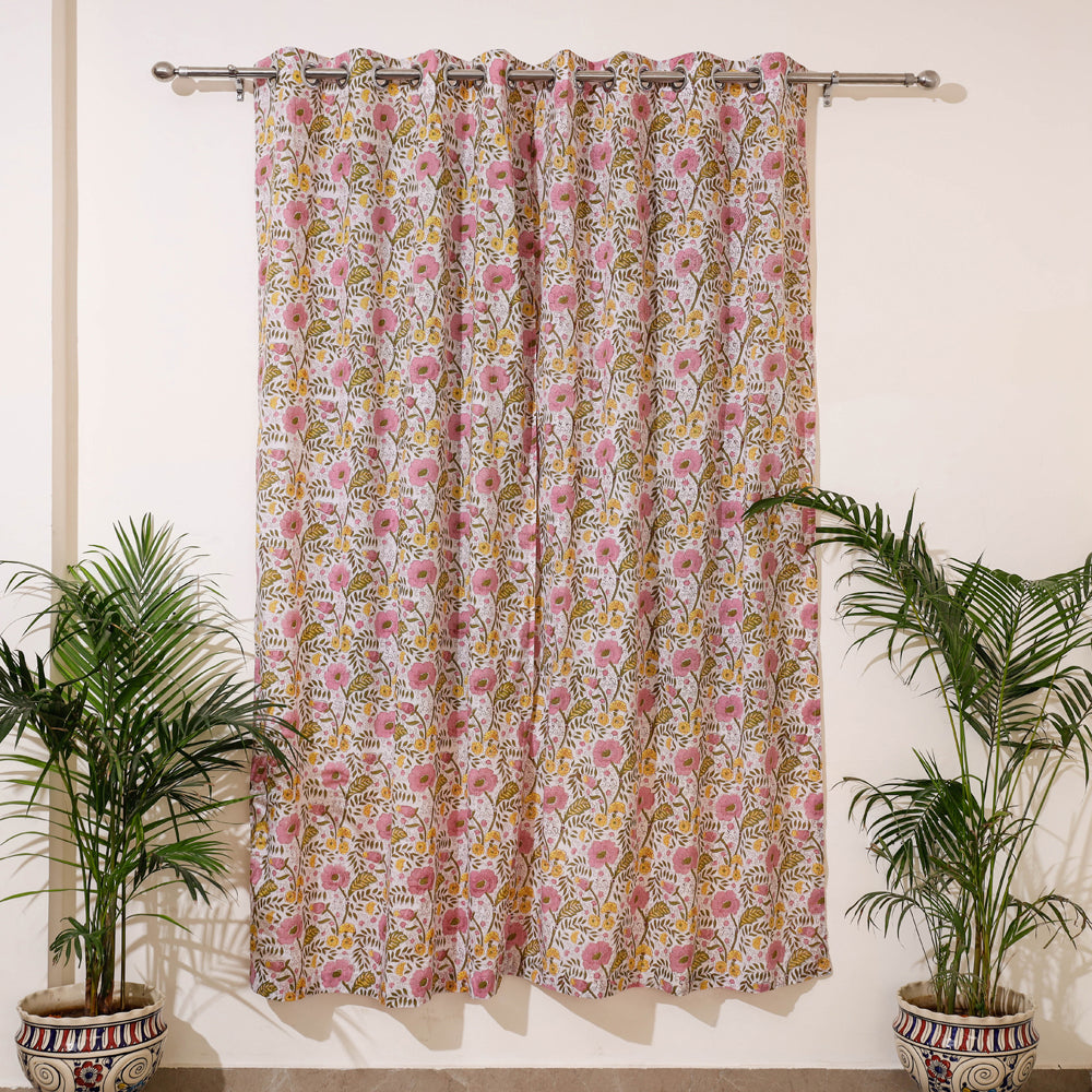 White - Sanganeri Block Print Cotton Door Curtain (7 x 3.2 feet) (single piece)