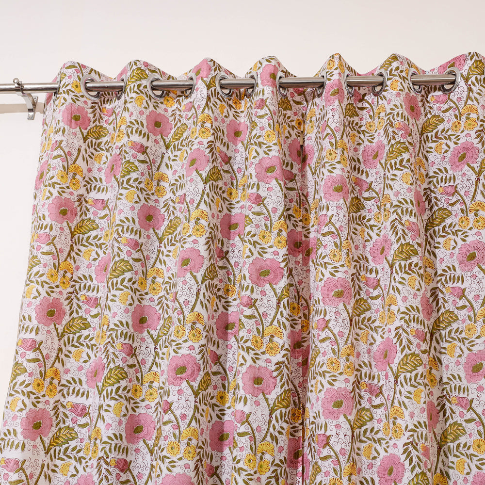 White - Sanganeri Block Print Cotton Door Curtain (7 x 3.2 feet) (single piece)