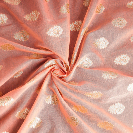 Peach - Pure Banarasi Handwoven Cutwork Buti Silk Cotton Fabric