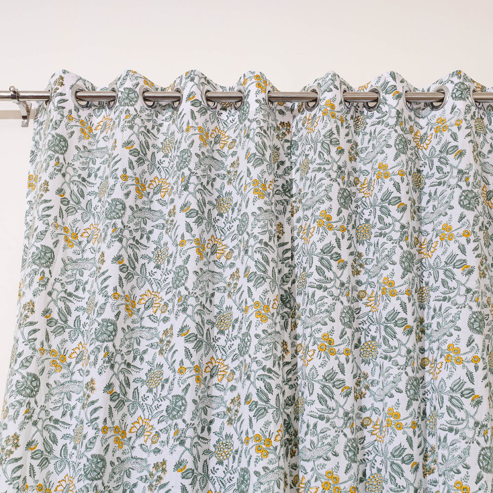 White - Sanganeri Block Print Cotton Door Curtain (7 x 3.2 feet) (single piece)