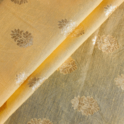 Yellow - Pure Banarasi Handwoven Cutwork Zari Buti Silk Cotton Fabric