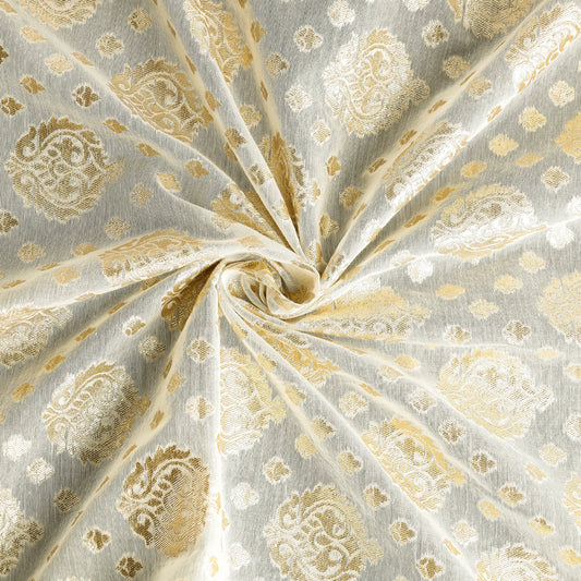 White - Pure Banarasi Handwoven Cutwork Zari Buti Silk Cotton Fabric