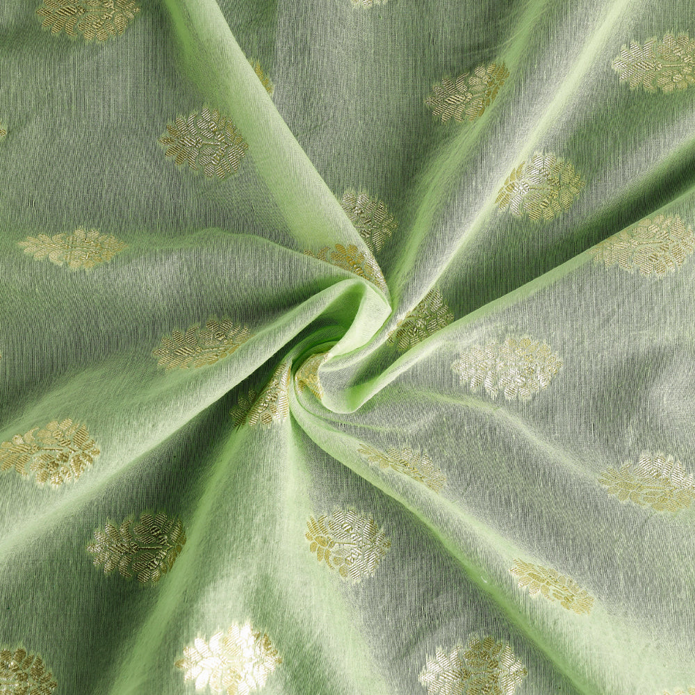 Green - Pure Banarasi Handwoven Cutwork Zari Buti Silk Cotton Fabric