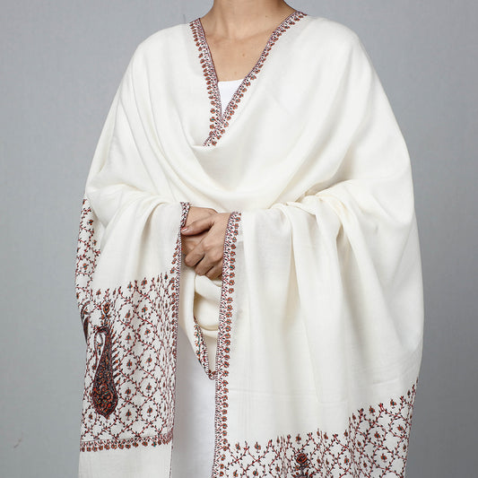White - Kashidakari Embroidery Woolen Shawl