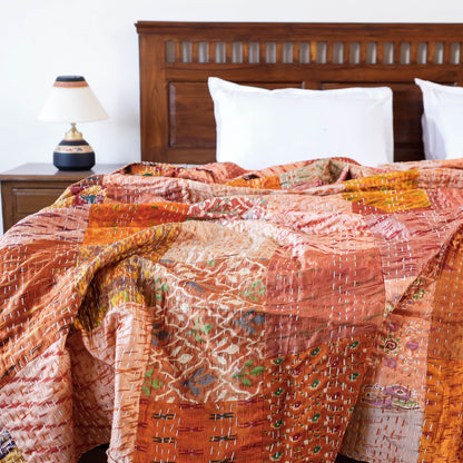 Khambadiya Kantha Patchwork Silk Cotton Quilt / Gudri / Blanket (108 x 90 in)