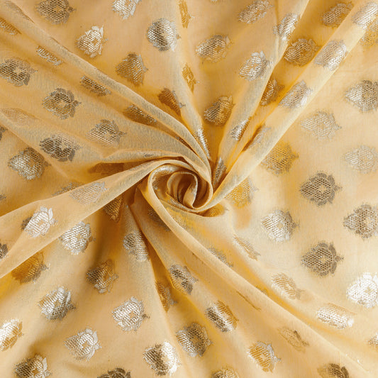 Yellow - Pure Banarasi Handwoven Cutwork Zari Buti Silk Cotton Fabric