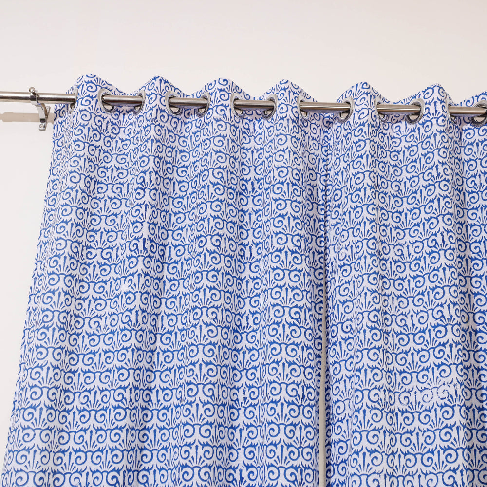 Blue - Sanganeri Block Print Cotton Door Curtain (7 x 3.2 feet) (single piece)