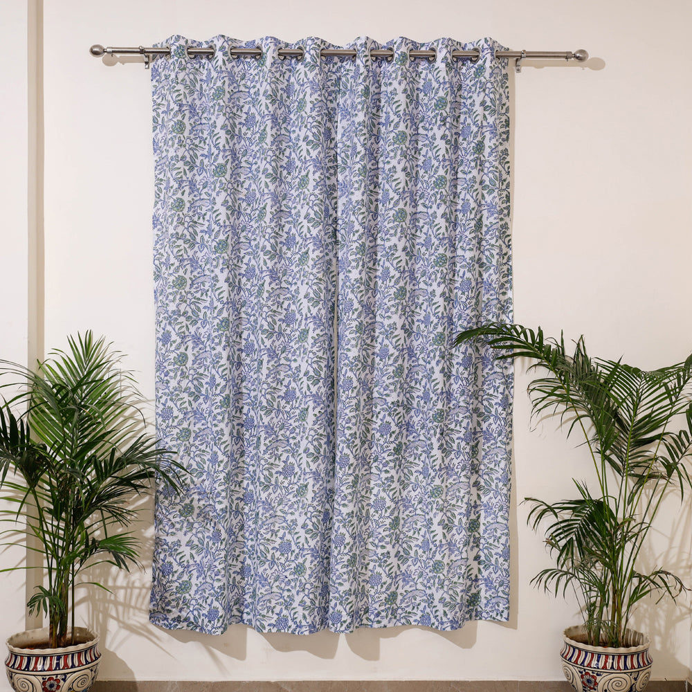 Blue - Sanganeri Block Print Cotton Door Curtain (7 x 3.2 feet) (single piece)