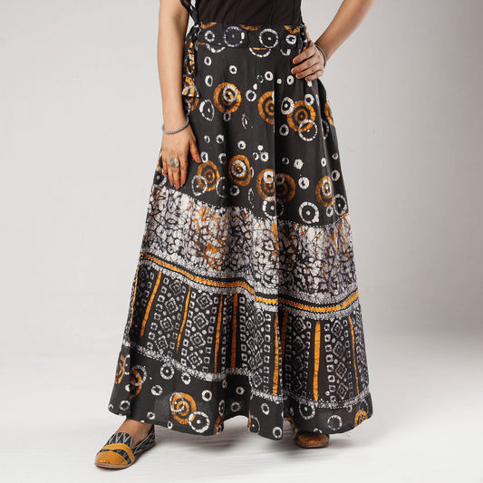 Black - Hand Batik Printing Running Stitch Cotton Long Skirt